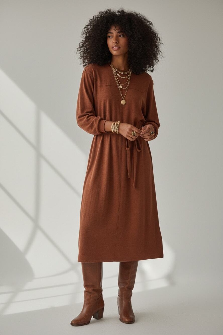 Vintage 80s Adele Simpson Long MIDI Belted dress Tan L